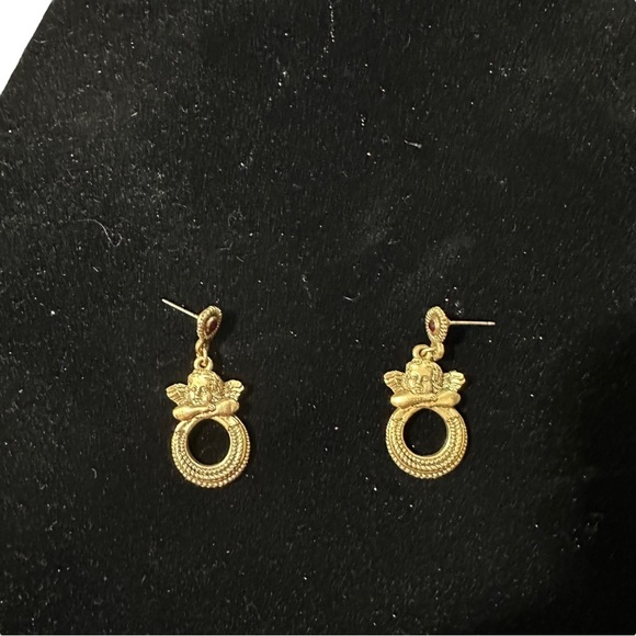 The Vatican Library Gold Toned Cherub Red Rhinestone 1.5” Dangle Hook Earrings - Picture 2 of 9
